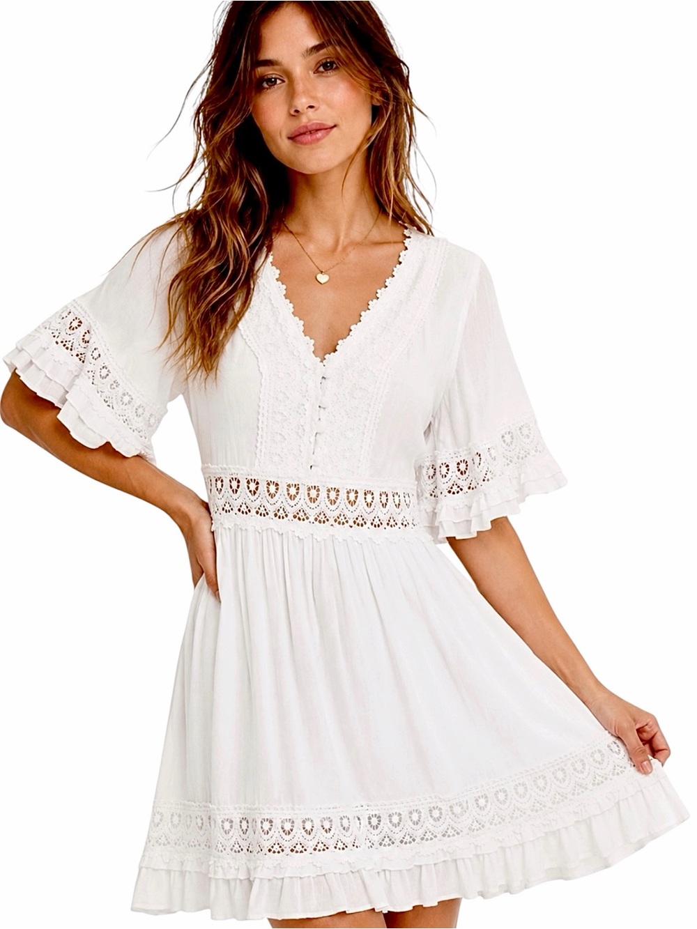 Papillon - White Lace Babydoll Mini Dress Ruffle Sleeve V-Neck - Sz. M